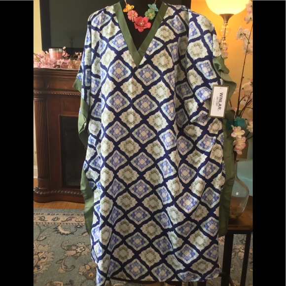 🌸NWT WINLAR MILLI” GEO BLUE & GREEN COVERUP CAFTAN DRESS - Picture 5 of 15